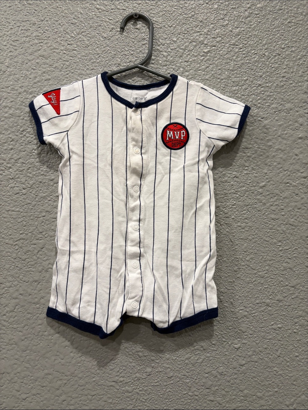White Pinstripe Romper with Navy Trim